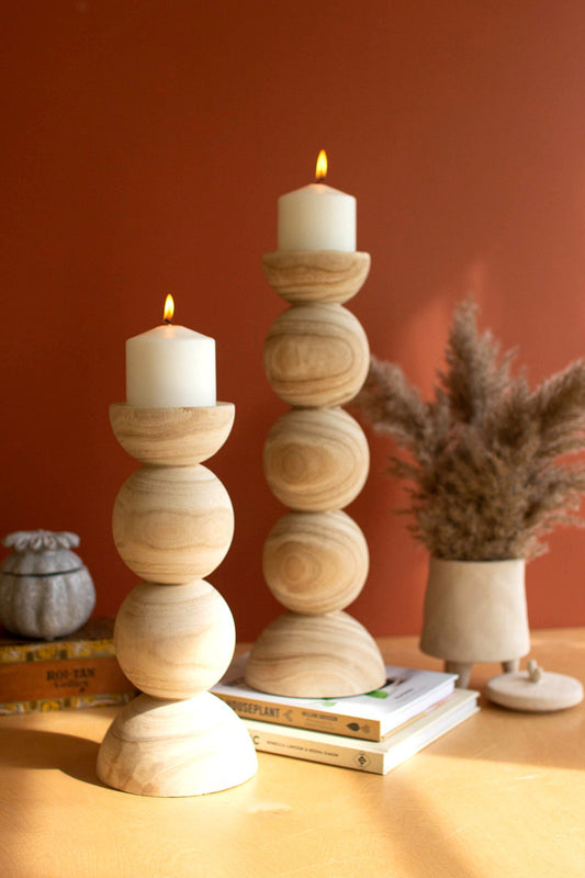 Set of 2 Hand-Carved Wooden Stacked Ball Candle Holders