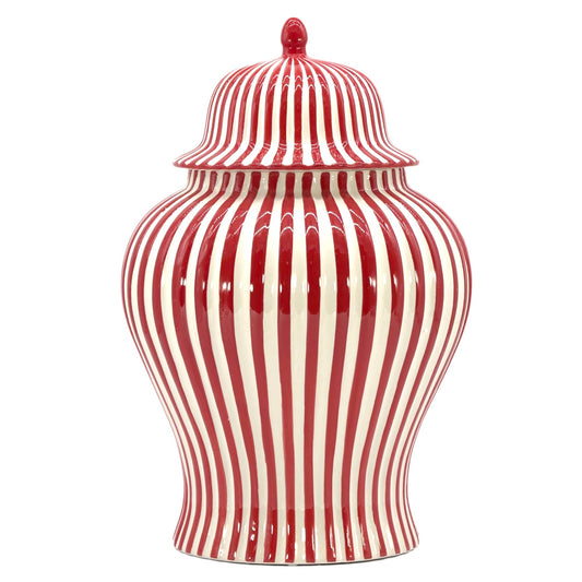 Red and white striped ceramic jar with lid on a white background