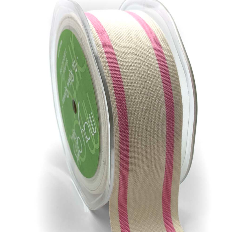 A roll of beige cotton blend woven double stripe ribbon with pink edges, used for gift wrapping or crafts.