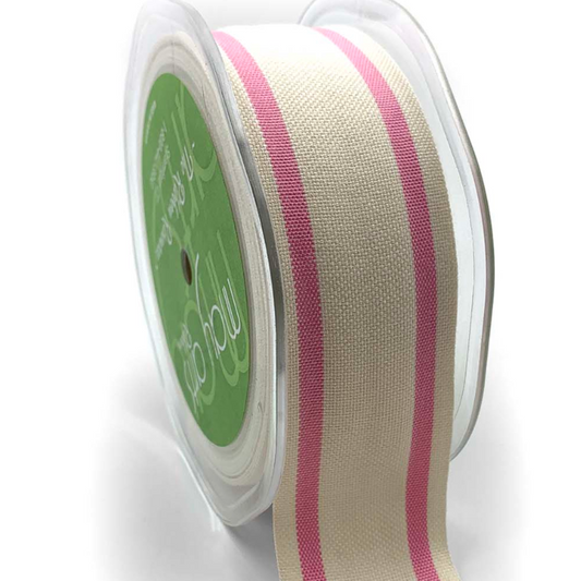 A roll of beige cotton blend woven double stripe ribbon with pink edges, used for gift wrapping or crafts.