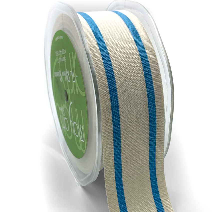 Spool of ribbon with blue stripes on a white background