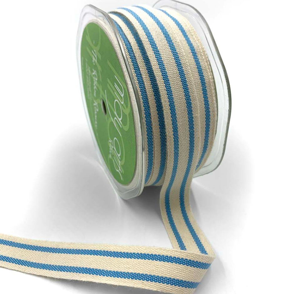 A roll of sky blue and natural white striped cotton blend ribbon with a woven edge.