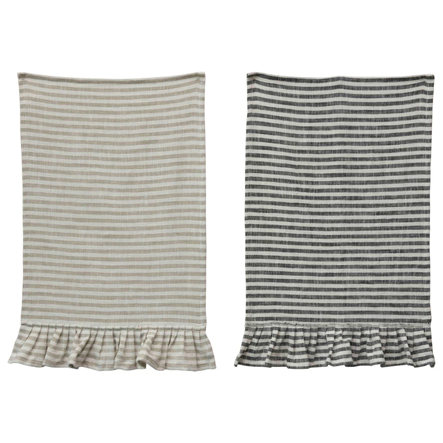 Two striped cotton tea towels with ruffles, one in natural beige color and the other in black and white, displayed flat.