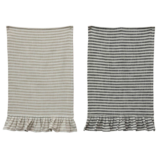 Two striped cotton tea towels with ruffles, one in natural beige color and the other in black and white, displayed flat.