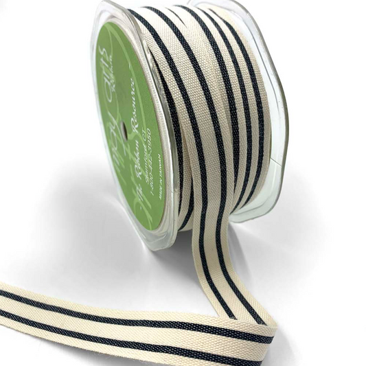 Spool of black and white striped ribbon on a white background