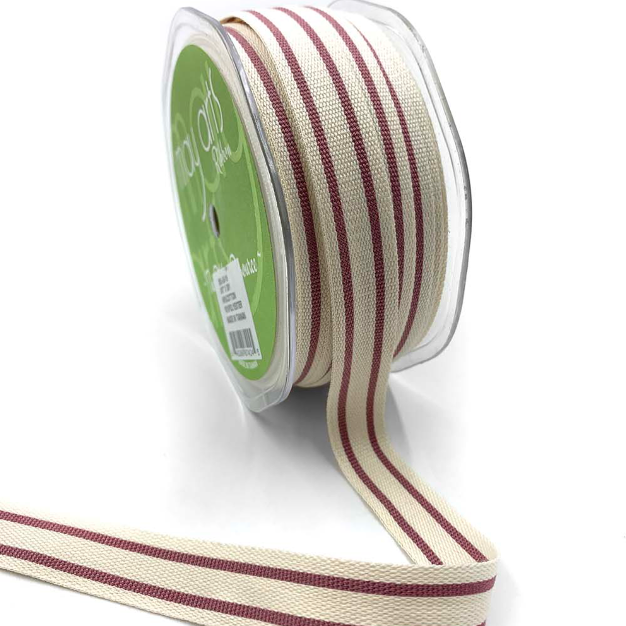 Spool of ribbon with red and white stripes on a white background