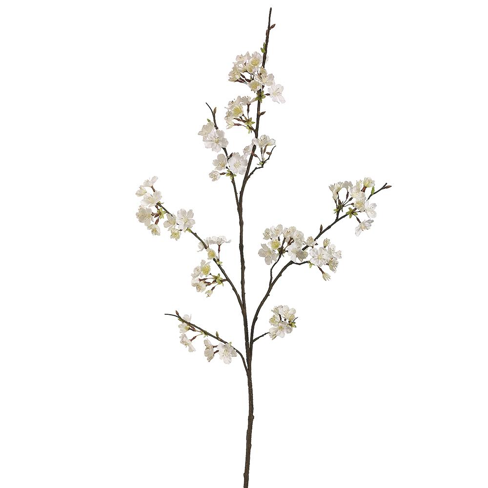 A cream-colored artificial cherry blossom spray with multiple branches against a white background.