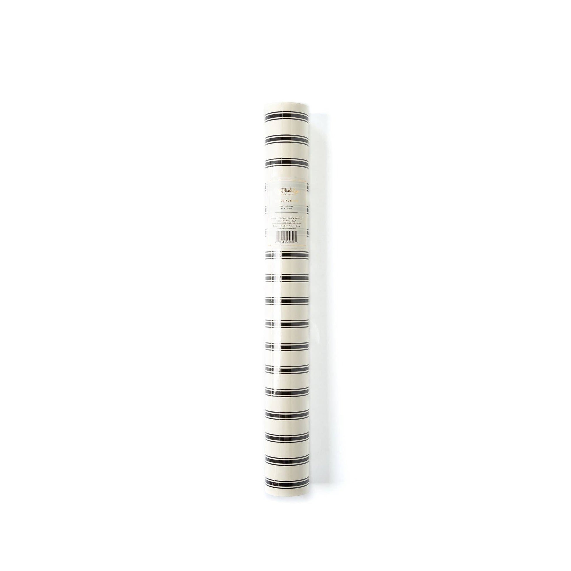 Roll of black and white striped paper on a white background