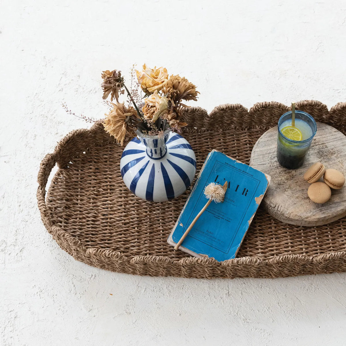 Decorative Hand-Woven Bankuan Scalloped Tray with Handles, Natural