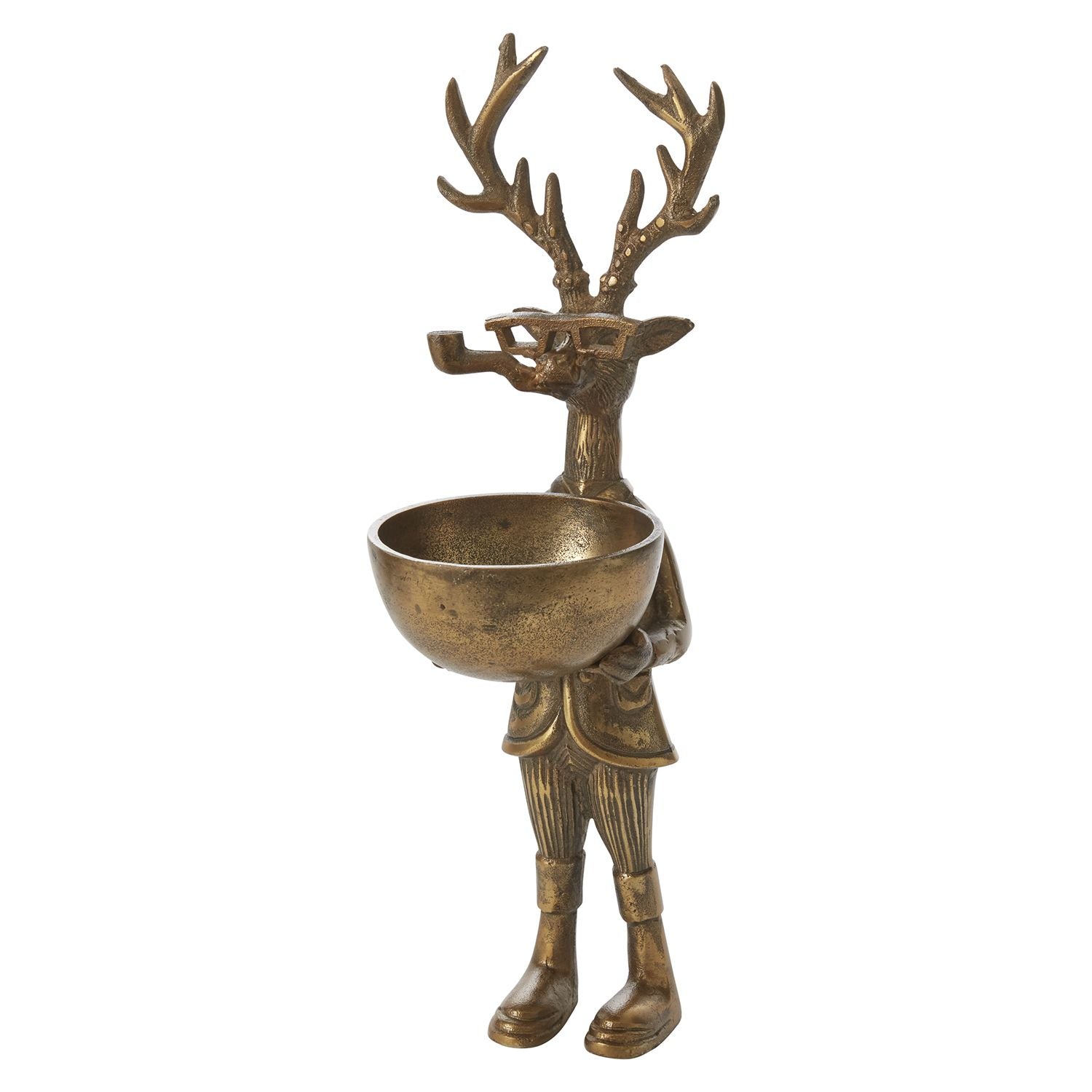 A decorative dish stand designed as a figurine of a deer with a dish on its head.