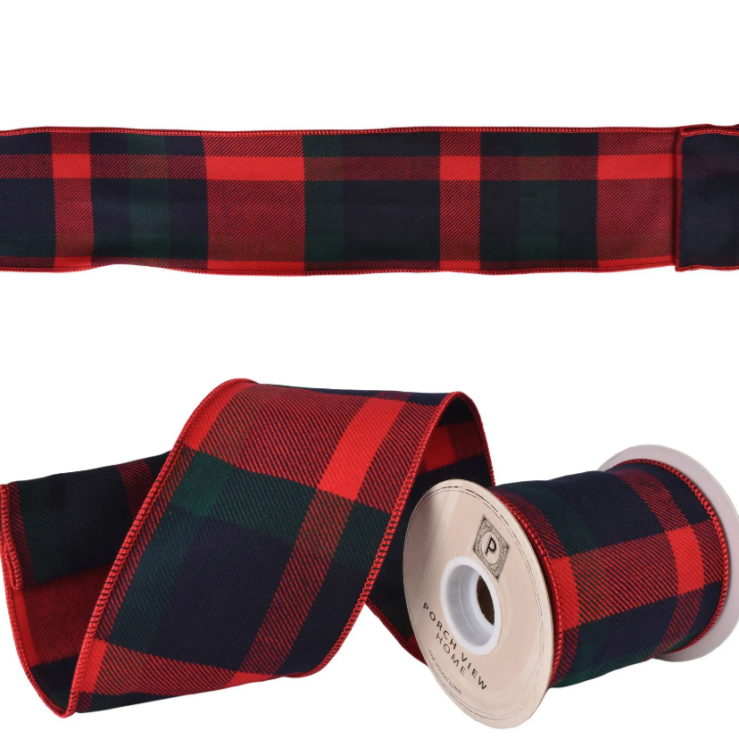 Flannel Wired Ribbon - Highland Plaid Red, Green & Blue | 4" Width | 5 Yard Roll
