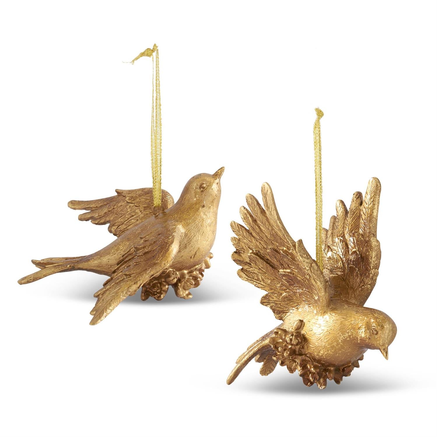 Two gold leaf bird ornaments crafted from resin, one in a head up position and the other in a head down position, with intricate details and hanging strings.