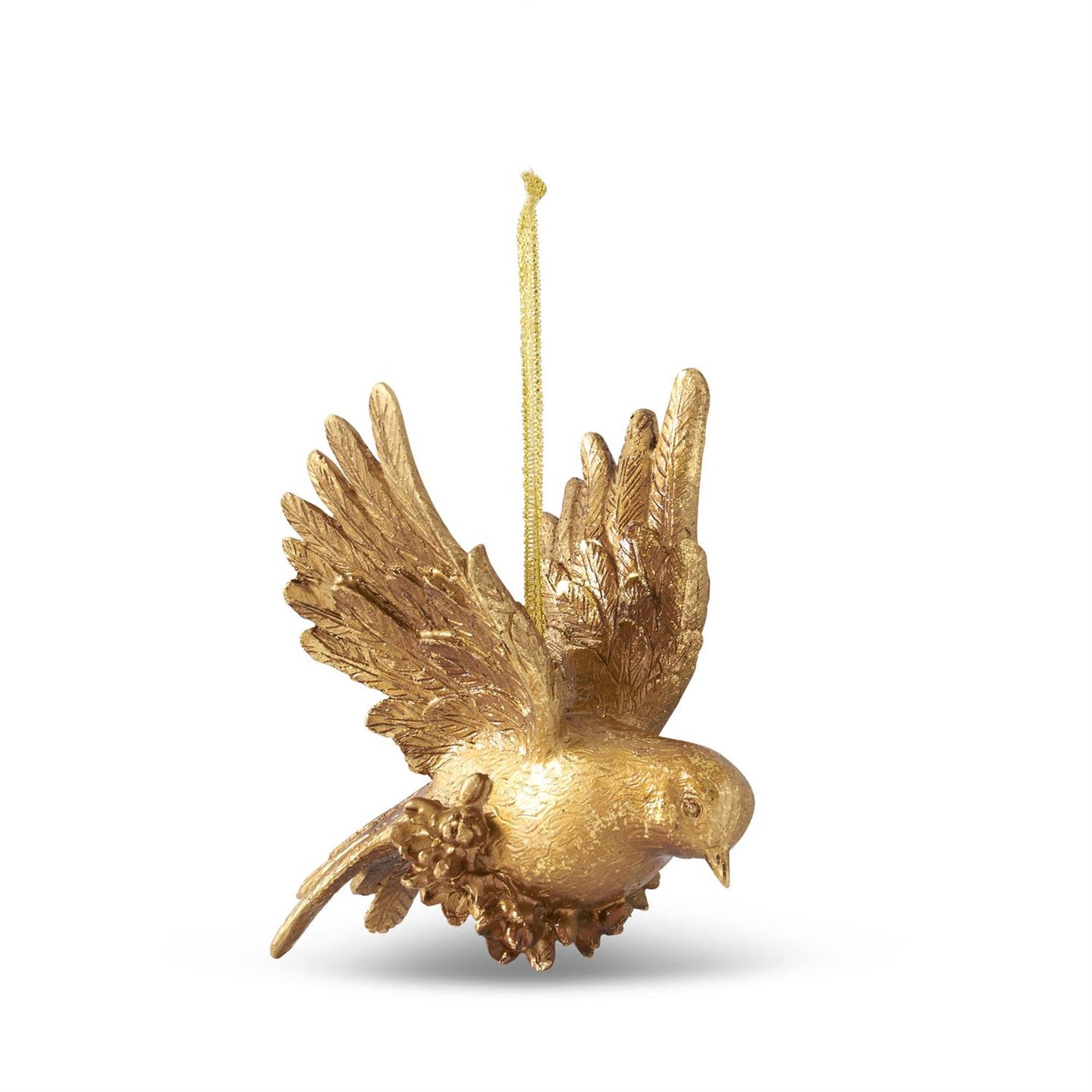 Two gold leaf bird ornaments crafted from resin, one in a head up position and the other in a head down position, with intricate details and hanging strings.