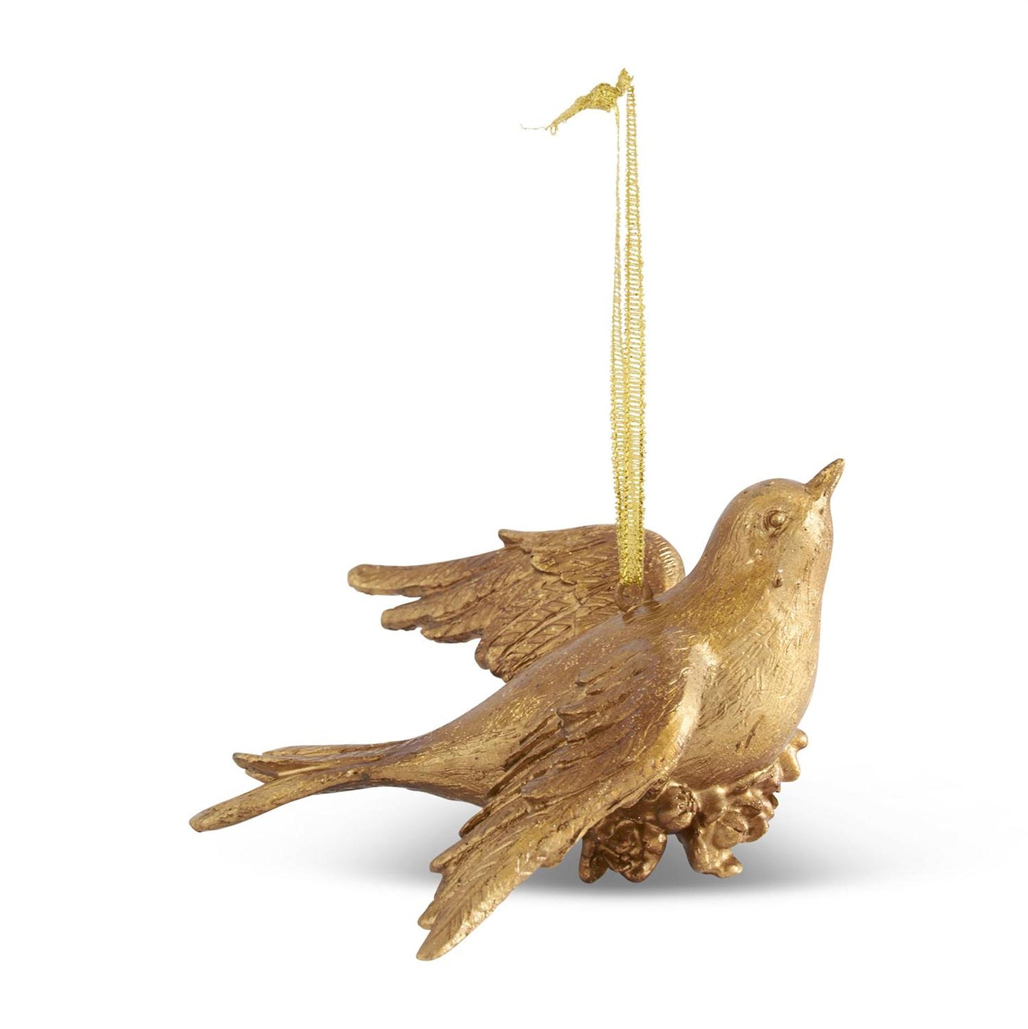Two gold leaf bird ornaments crafted from resin, one in a head up position and the other in a head down position, with intricate details and hanging strings.