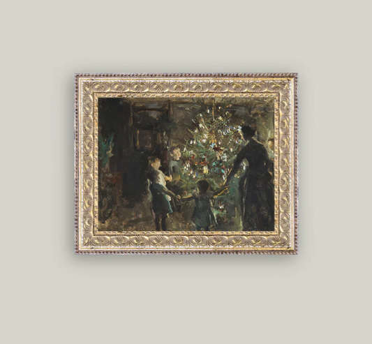 Framed vintage artwork depicting a festive scene with people around a Christmas tree.