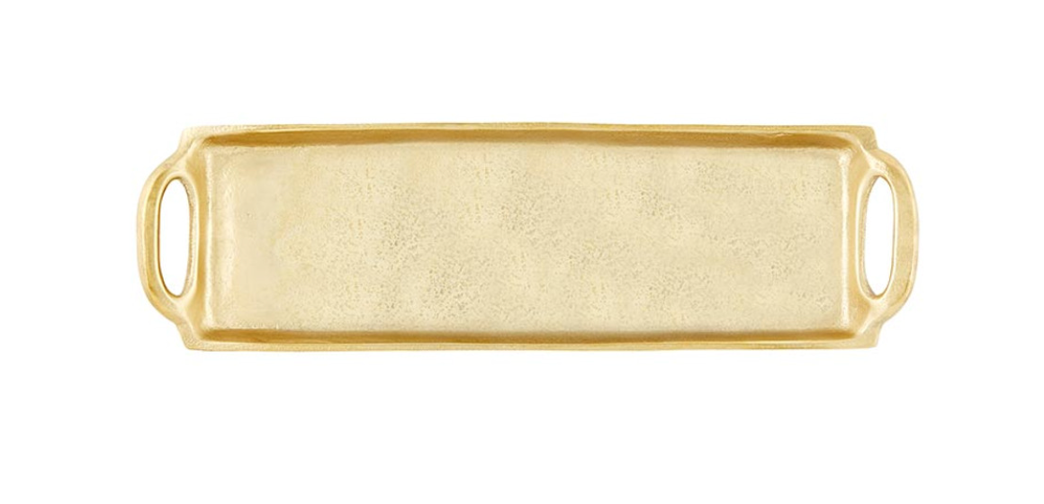 A gold aluminum decorative tray with handles on the sides, displayed on a white background.