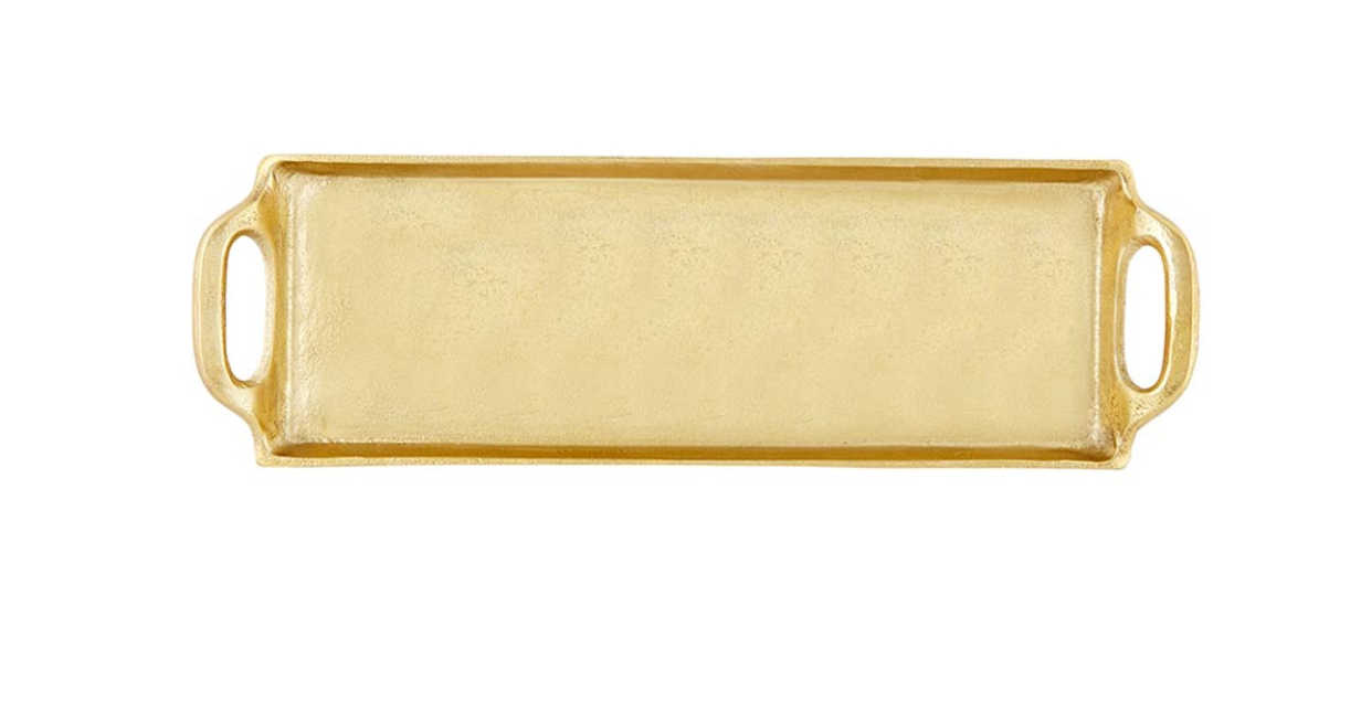 A gold aluminum decorative tray with handles on the sides, displayed on a white background.