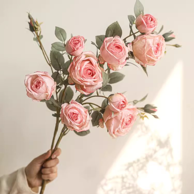 Hand holding a bouquet of pink roses against a neutral background