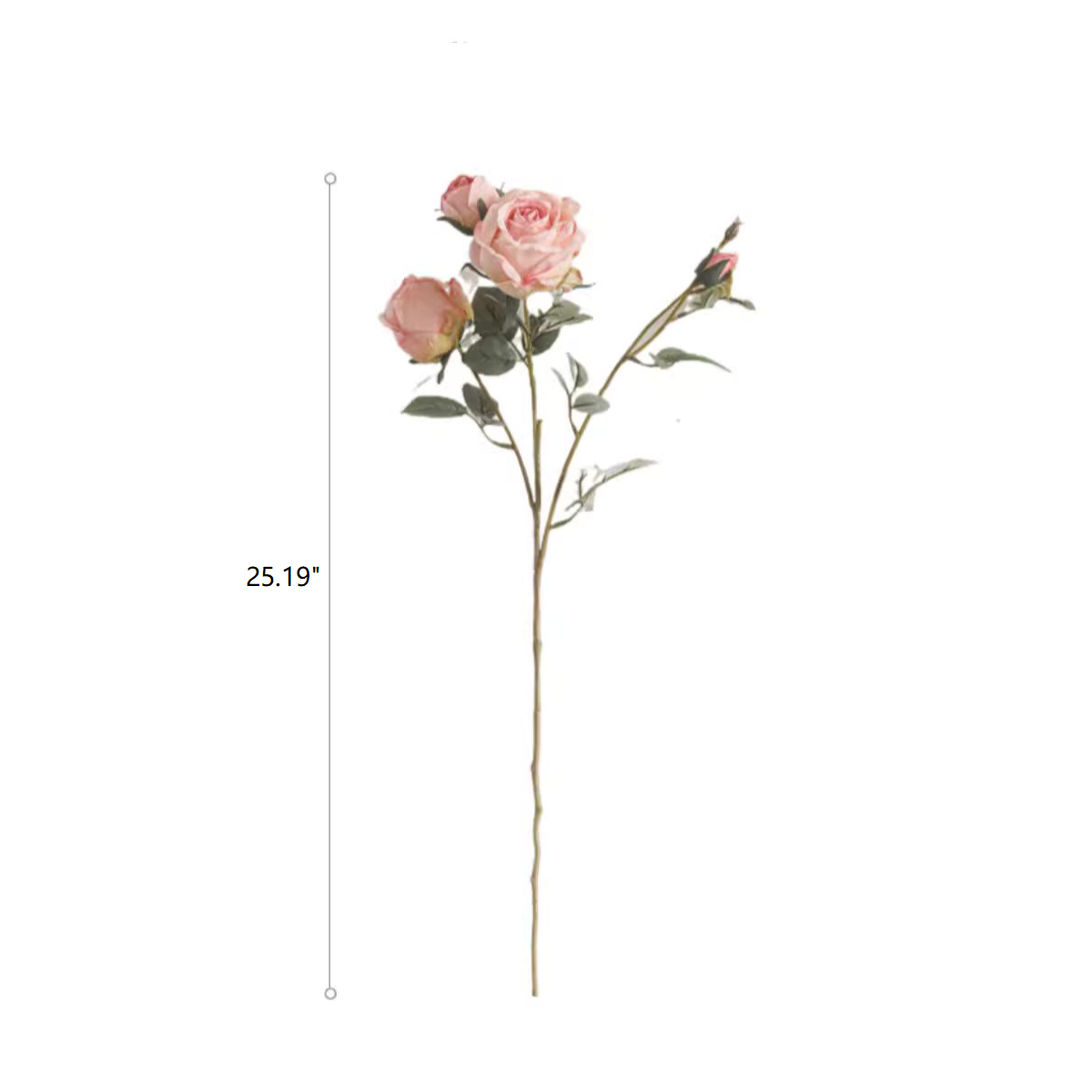 Artificial rose stem with pink flowers and green leaves, shown with a measurement label on a white background.