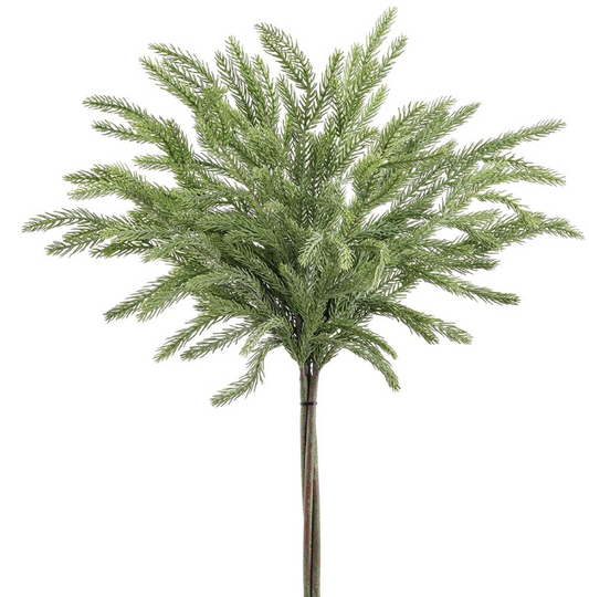 A single stem of artificial spruce foliage against a white background.