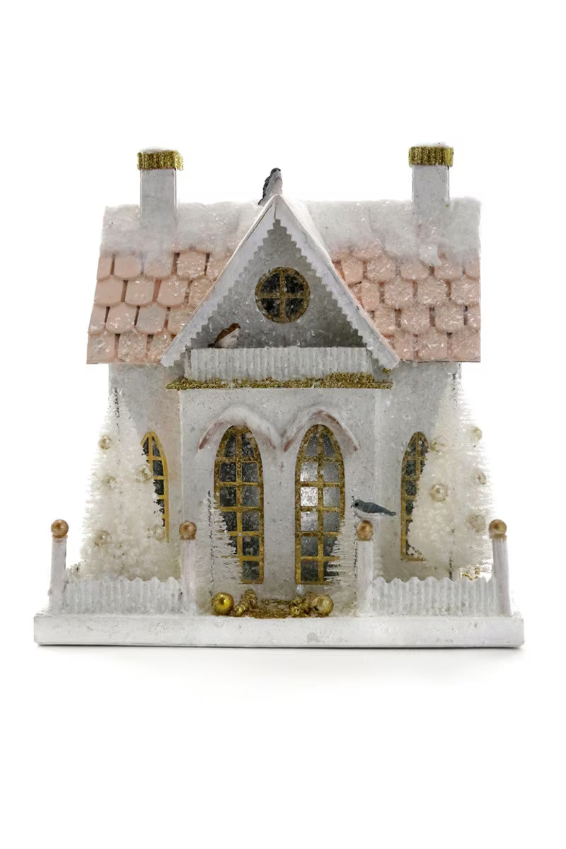 Cody Foster and Co Wintery White and Pastel Pink Christmas Village Cottage House