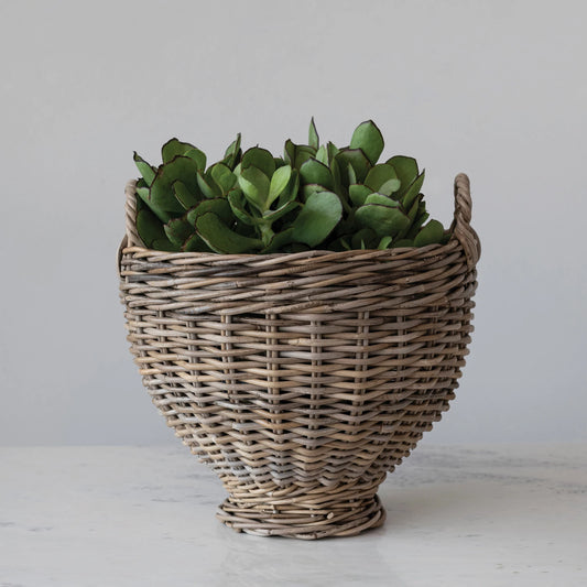 Hand-Woven Rattan Footed Basket w/ Handles, Natural