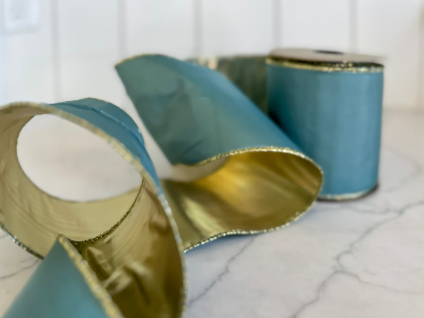 4" Dark Teal Blue Ribbon with Gold Trim