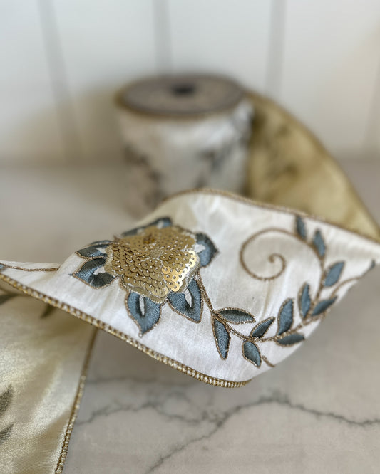 4" White Ribbon with Blue and Gold Floral Detail