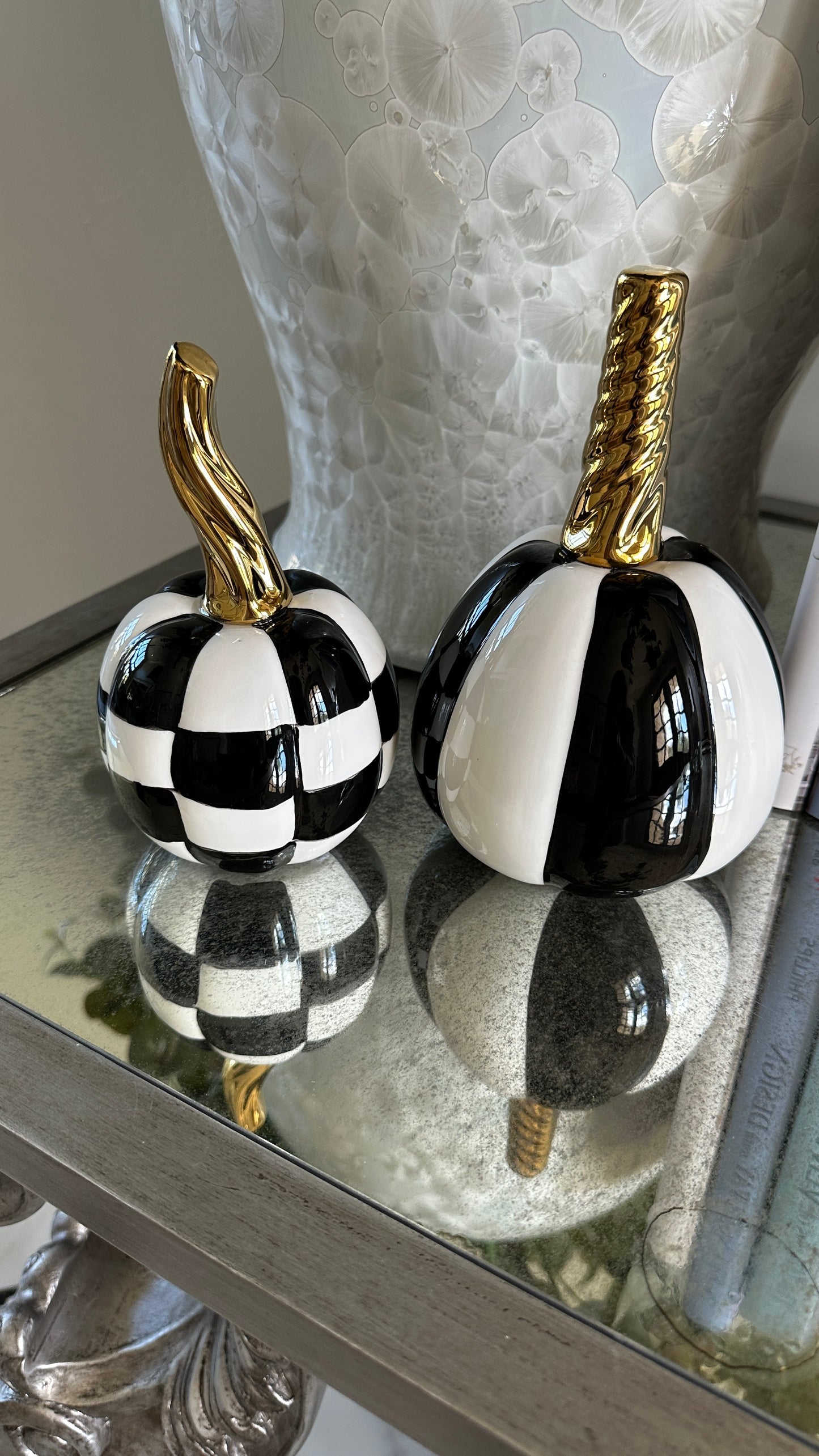 6.75 Inch White & Black Checkered Ceramic Pumpkin
