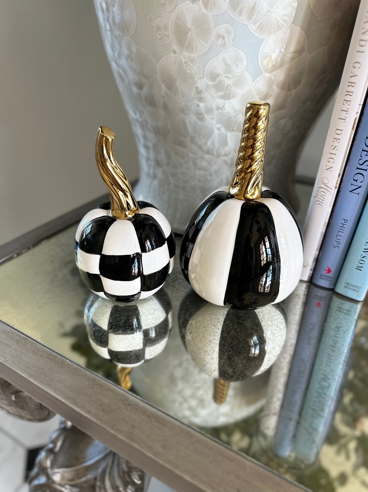 6.75 Inch White & Black Checkered Ceramic Pumpkin