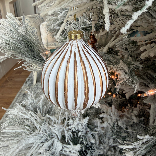 White and Gold Rustic Lattice Finial Glass Ornament - 5" Vintage Christmas