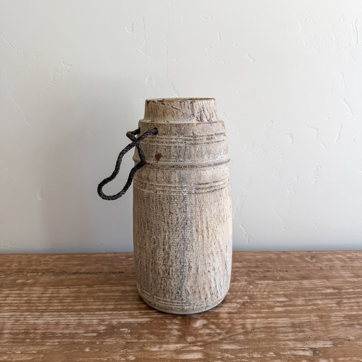 Vintage Wooden Vases with Rope Handles | Handmade Rustic Decorative Vessels