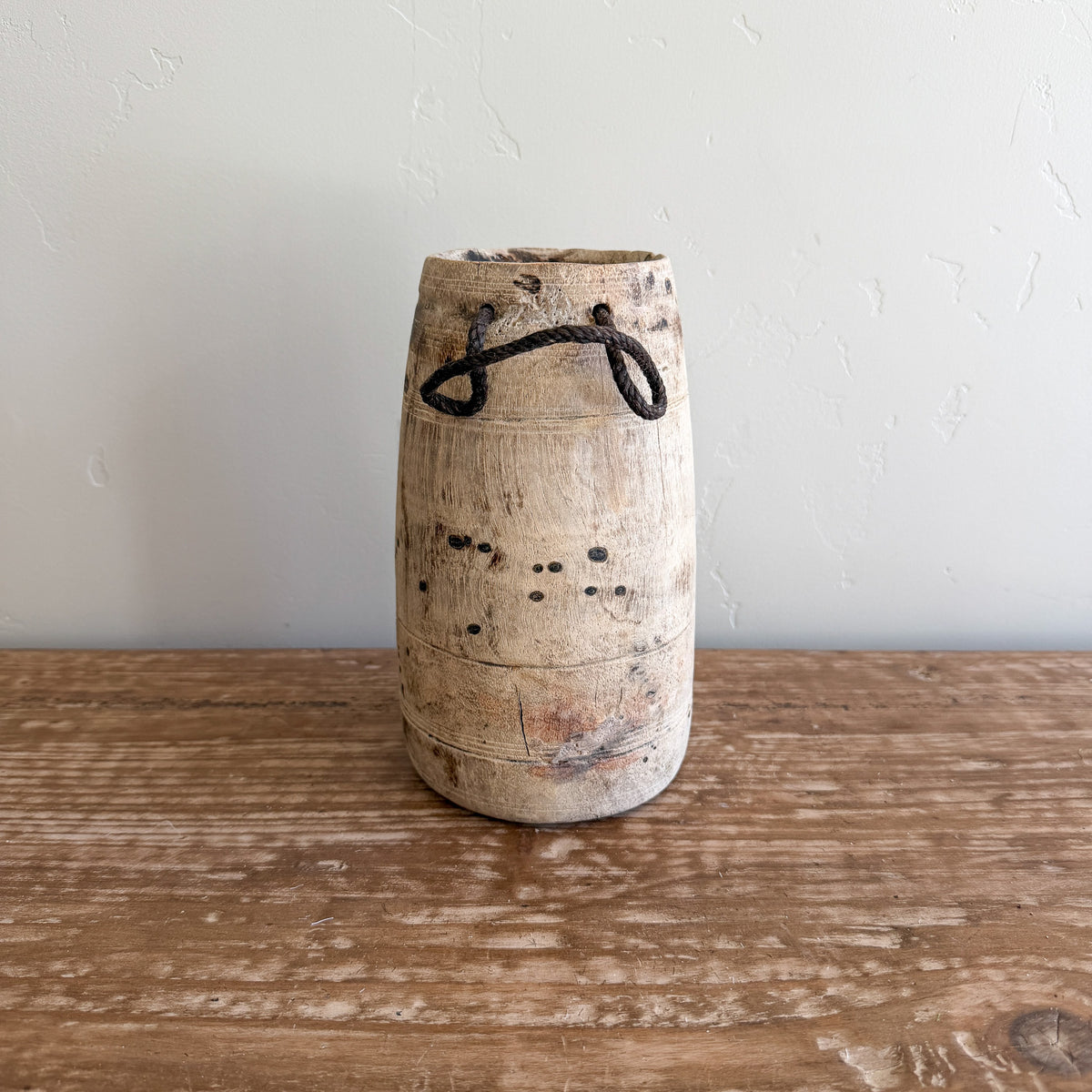 Vintage Wooden Vases with Rope Handles | Handmade Rustic Decorative Vessels