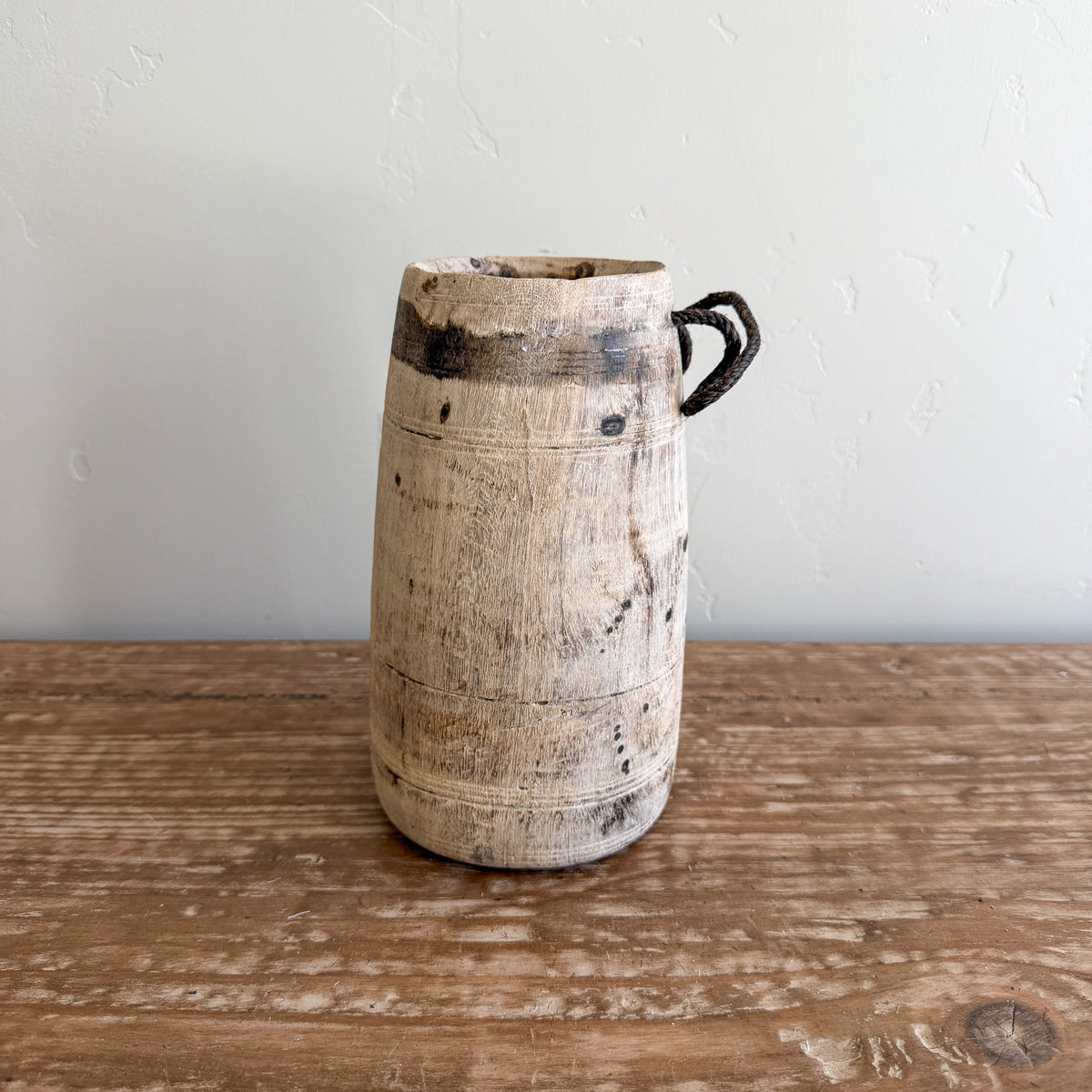 Vintage Wooden Vases with Rope Handles | Handmade Rustic Decorative Vessels