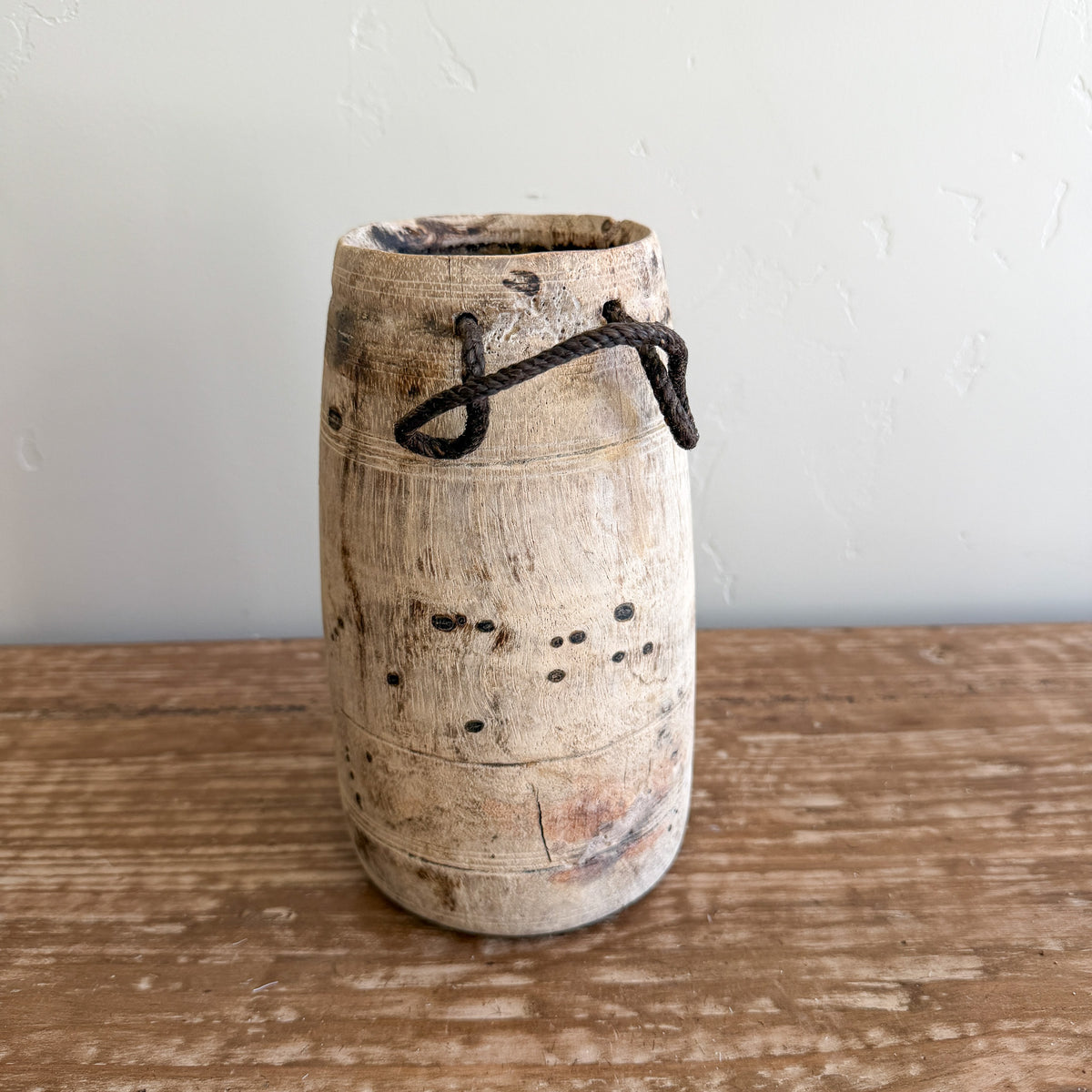 Vintage Wooden Vases with Rope Handles | Handmade Rustic Decorative Vessels