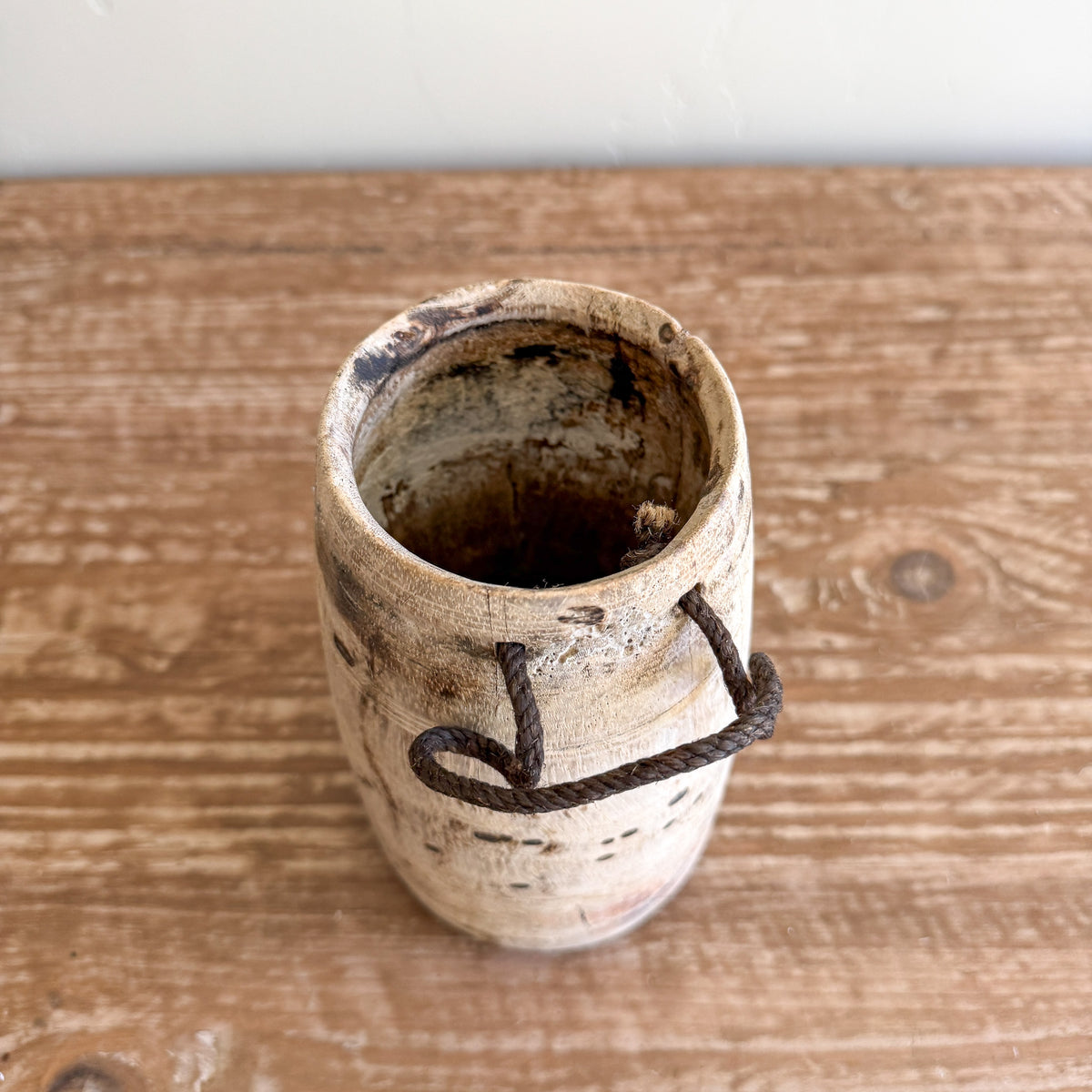 Vintage Wooden Vases with Rope Handles | Handmade Rustic Decorative Vessels