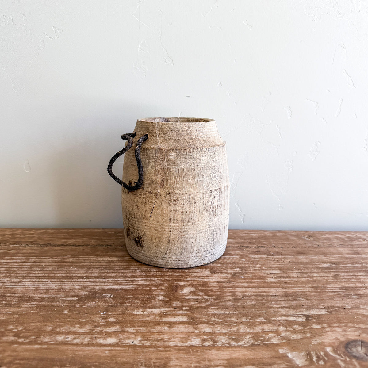 Vintage Wooden Vases with Rope Handles | Handmade Rustic Decorative Vessels