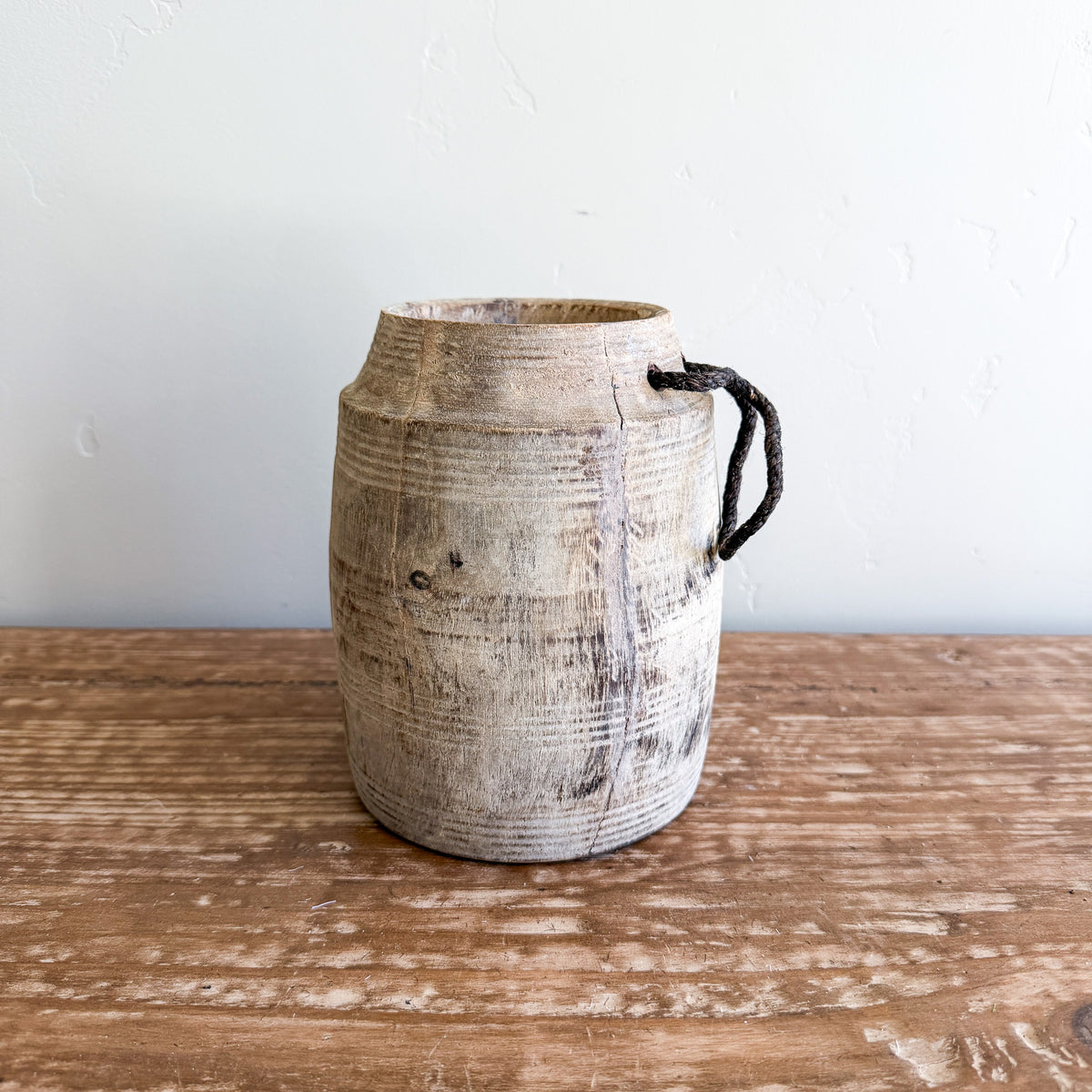Vintage Wooden Vases with Rope Handles | Handmade Rustic Decorative Vessels