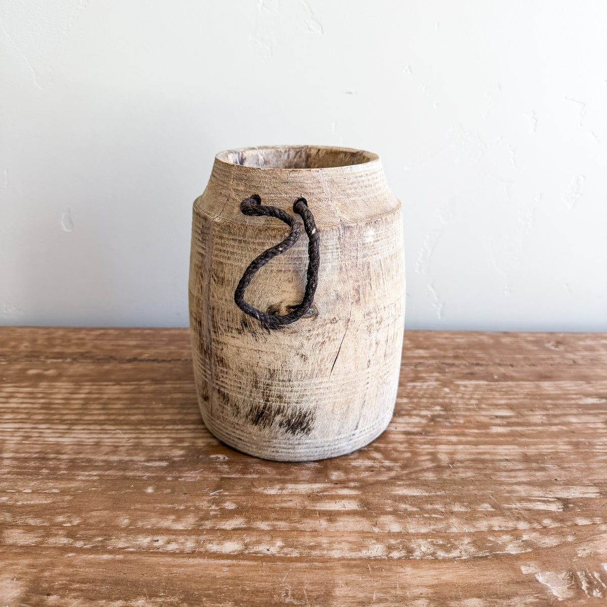 Vintage Wooden Vases with Rope Handles | Handmade Rustic Decorative Vessels