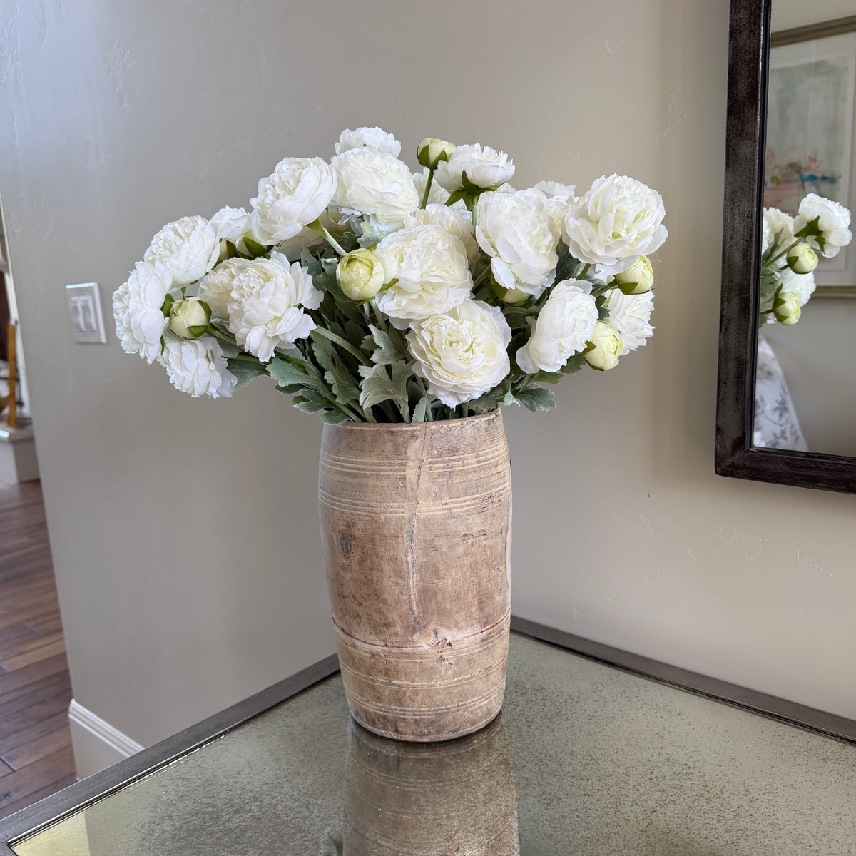 20" White Ranunculus Artificial Flower Stem - 3 Flowers