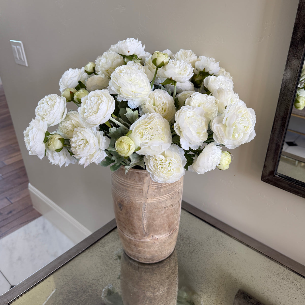 20" White Ranunculus Artificial Flower Stem - 3 Flowers