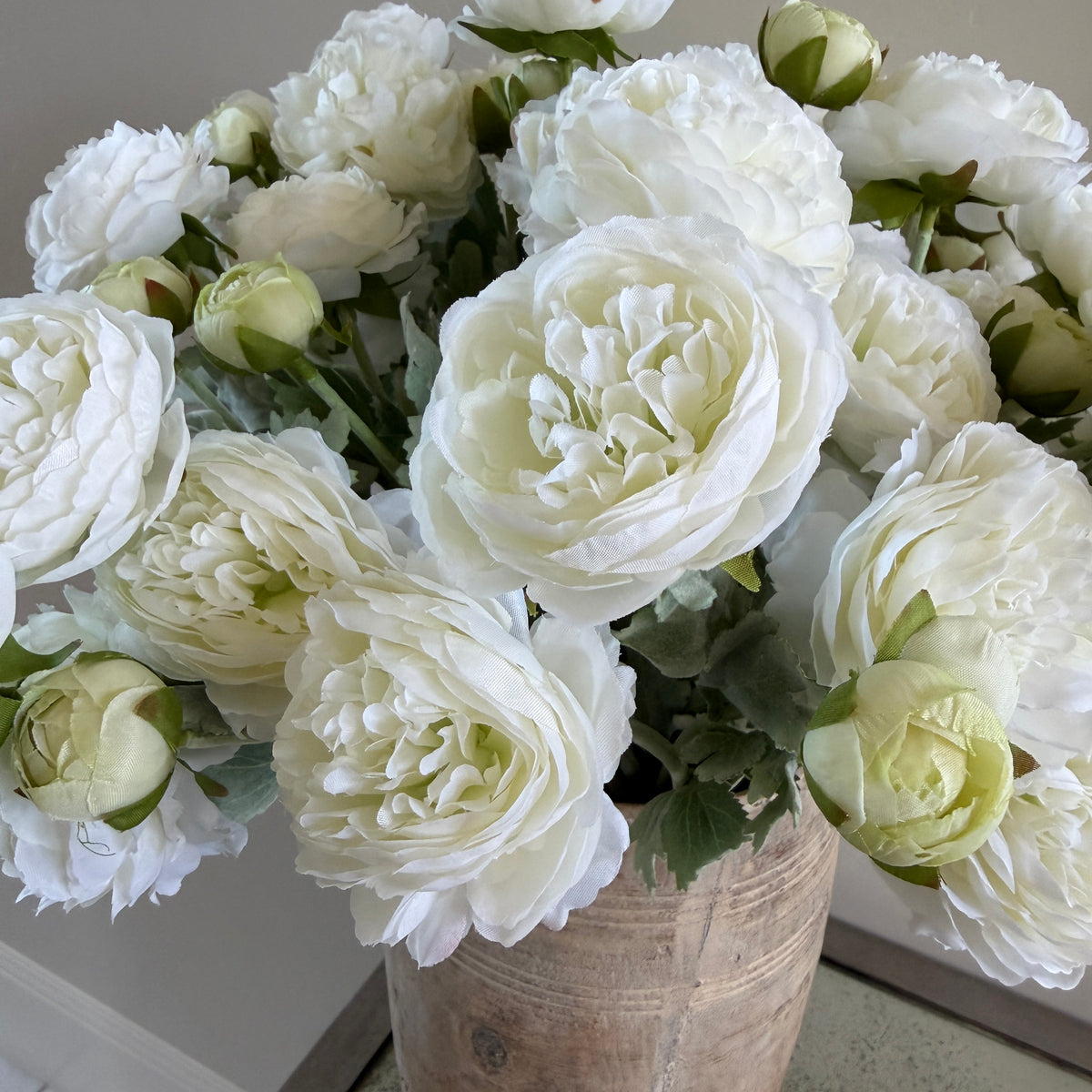 20" White Ranunculus Artificial Flower Stem - 3 Flowers