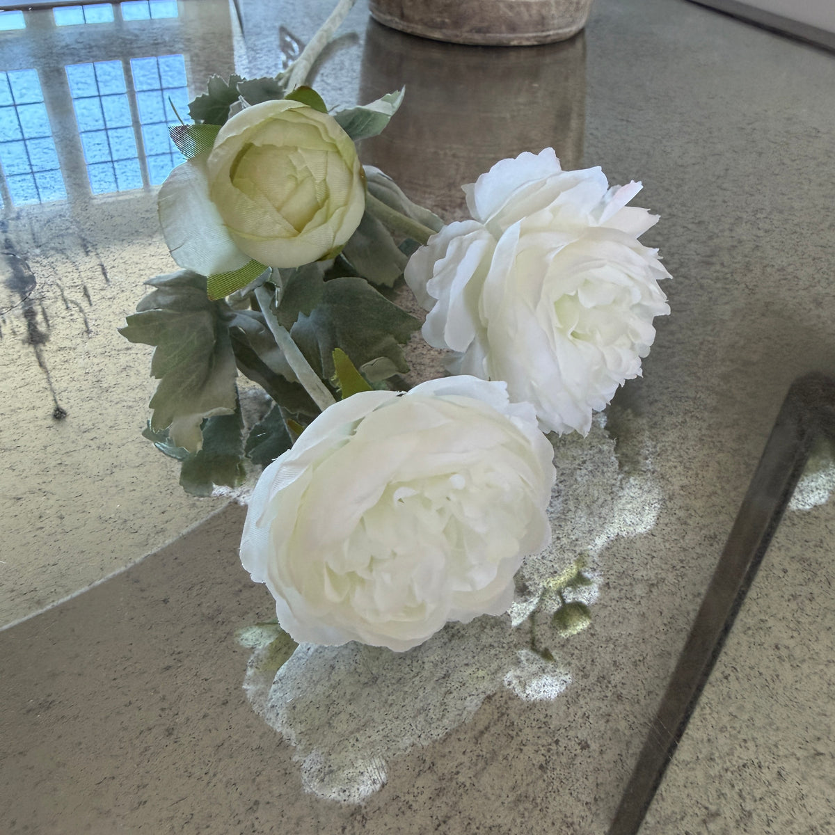 20" White Ranunculus Artificial Flower Stem - 3 Flowers