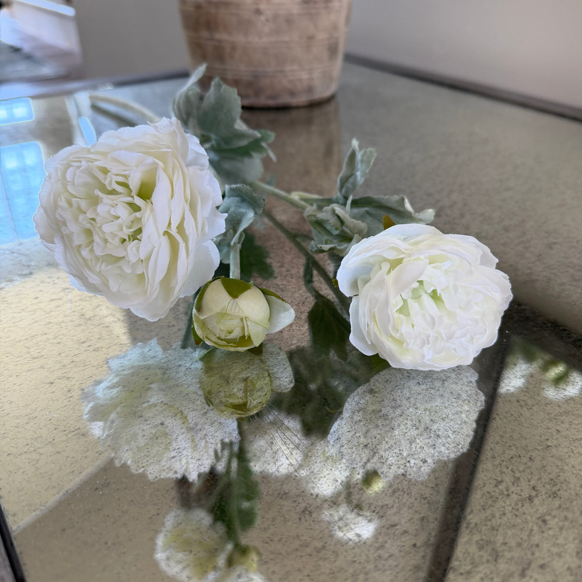 20" White Ranunculus Artificial Flower Stem - 3 Flowers