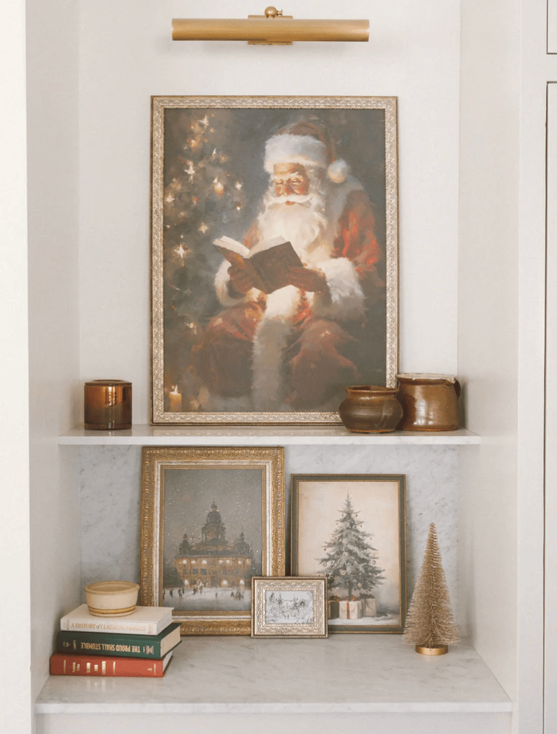 Decorative shelf with vintage Santa Claus print and Christmas-themed decorations.
