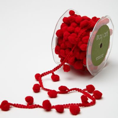 1/2 Inch Large Pom Pom String Ribbon in Red