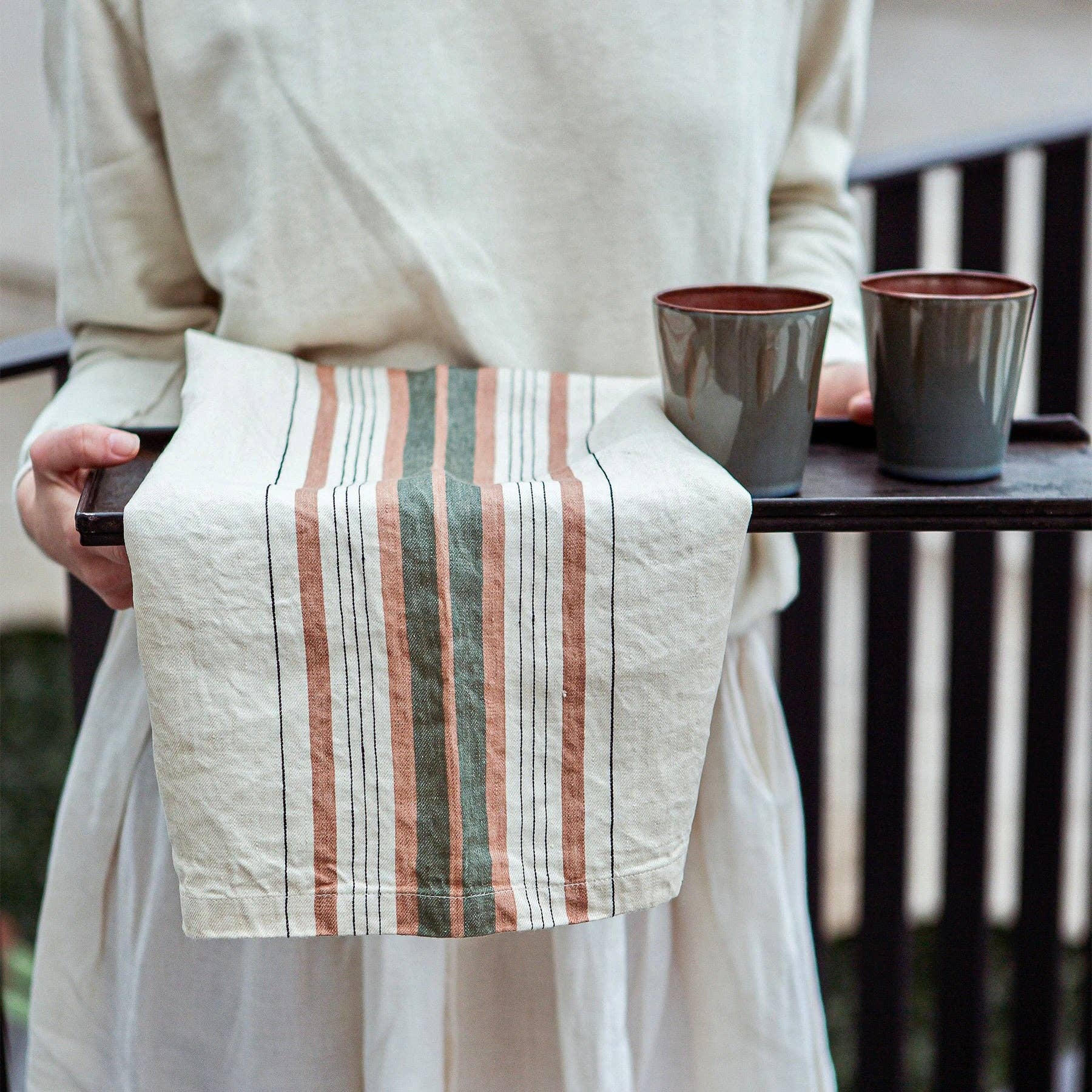 Libeco Gypsum Belgian Linen Guest Towel 23.6" x 31.5" - Sage, Pink & Black Stripe