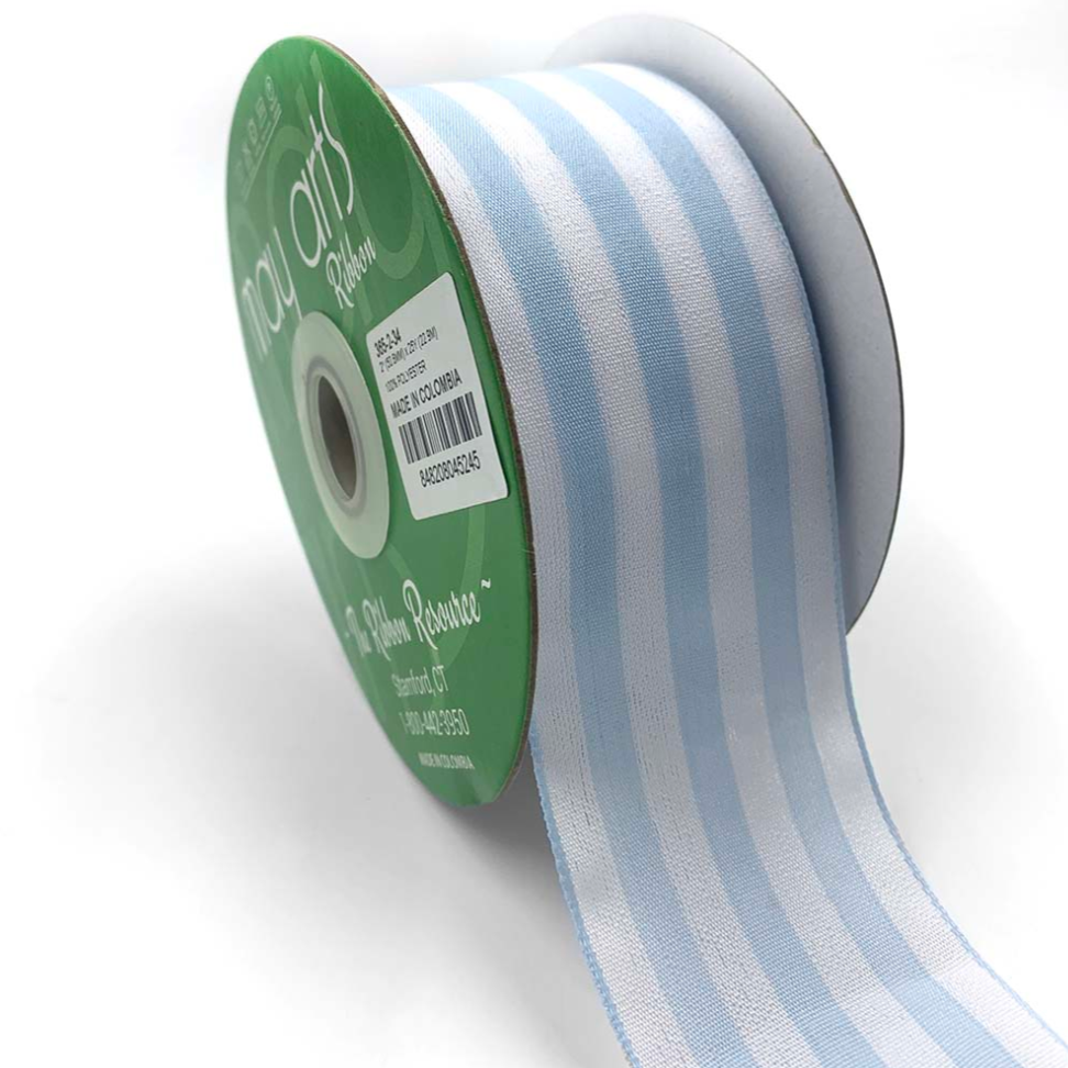 A roll of 2 inch striped ribbon in light blue and white, with a woven edge, on a white background.