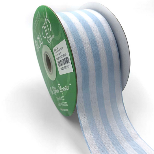 A roll of 2 inch striped ribbon in light blue and white, with a woven edge, on a white background.