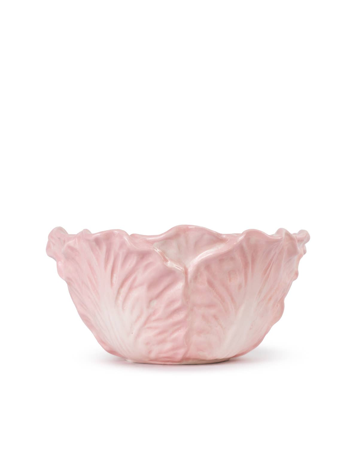 Pink ceramic  cabbage bowl with leaf design on a white background